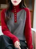 Suéter de Punto de Moda Versátil para Mujer Otoño e Invierno Cuello Semi Alto Costilla Gruesa Bordado de Caballo Bloques de Color Holgado Moda