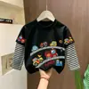Camiseta de manga comprida 100% algodão para meninos, coleção primavera e outono 2026, novo estilo, gola redonda, roupas infantis, top com visual em camadas para bebê menino, camiseta de baixo