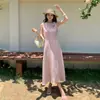Vestido rosa estilo francés con cuello halter y lazo para mujer, verano, extremadamente hermoso, único, elegante, entallado en la cintura, sin mangas, largo