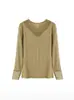 Blusa de manga comprida com gola V e detalhes em renda para outono e inverno, com punhos rendados, corte justo, camada interna elástica, moda feminina