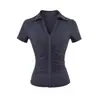 Camiseta de Manga Corta con Cuello Plisado para Mujer, Verano 2026, Estilo Pure Desire, Corte Entallado, Ceñida a la Cintura, Top con Cuello Solapa, Moderno