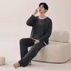 Algodón LyocellPijama para Hombre Primavera y Otoño Manga Larga Pantalón Largo Conjunto Casual Sencillo Se Puede Usar Fuera de Casa Ropa de Hogar Invierno
