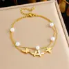 Anillo de tobillo para mujer, joyería de acero inoxidable chapado en oro, colgante de mariposa de perlas apiladas de doble capa, retro simple de nicho