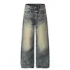 Gd006 Calle Principal Estilo Americano Unisex Jeans de Mezclilla Lavados Vintage con Botones y Diseño de Bigotes de Gato para Hombres, Corte Holgado