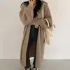 Cardigan longo de malha grossa com mangas bufantes, gola V, caimento solto, simples e casual, chic coreano para o outono