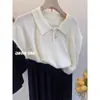 Polo Cinza Manga Curta Voadora Tricotado Seda Gelo Manga Curta Camiseta Feminina Verão Estilo Preguiçoso Elegante Solto Curto