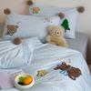 Conjunto de Quatro Peças em Algodão Lavado Estilo Menina com Bolinhas e Bordado de Ursinho Fofo, Capa de Edredom 100% Algodão para Cama de 1.8m