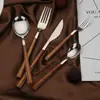 Juego de Cuchillo, Tenedor y Cuchara de Acero Inoxidable con Mango de Grano de Madera en Stock, Juego de Cubiertos de Acero Inoxidable con Mango de Madera Imitación, Cuchillo y Tenedor para Bistec, Vajilla Occidental