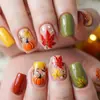 Unhas Postiças Quadradas Usáveis Estilo Maillard de Outono Cor Caramelo Design Estampado com Padrão de Folha de Bordo e Abóbora Removíveis