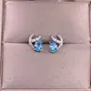 Aretes de Topacio Azul Suizo Plata S925 Incrustados con Diamantes, Exquisitos Aretes de Cristal de Color, Moda Ol Joyería de Plata