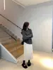 Saia midi de malha de lã elegante e macia para mulheres, outono e inverno, corte reto, justa ao corpo, saia evasê de cintura alta