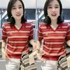Camiseta de Manga Corta para Mamá con Rayas que Reduce la Edad para Mujer 2025 Verano Camisa Polo Casual Versátil Nuevo Look Holgado Adelgazante Top