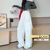Calça Cargo Nova Outono 2025 Estilo Americano Bolso Inclinado para Mulheres Cintura Média Cordão Solta Efeito Emagrecedor Esportiva Perna Larga