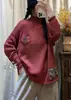 Suéter de algodão feminino, soltinho, oversized, gola alta meia, esconde imperfeições do corpo, para o outono, com apliques estilo étnico, não faz bolinhas, suéter de malha para usar como base