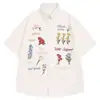Camisa de Manga Corta con Tejido Waffle Retro Americano Bordado Floral Colorido para Hombres y Mujeres Verano Estilo Holgado Perezoso Camisa Casual