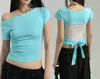 Camiseta corta de manga corta para mujer, estilo coreano y japonés, sencilla, fresca, dulce, moderna, casual, con detalles de cordones, color liso, cuello redondo