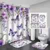 Cortina de ducha con estampado floral y de mariposas, impermeable y resistente al moho, hecha de tela de algodón de resorte, no requiere perforación, adecuada para baño y mampara de ducha, para ventas transfronterizas