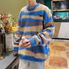 Suéter de rayas color block para otoño e invierno, estilo holgado y relajado para hombre, top de punto casual retro americano para parejas