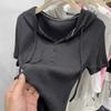 Playera de Manga Corta para Mujer Verano Nueva Estilo Coreano Letra Cinta Sudadera con Capucha Rayas de Foso Playera Casual Blanca Ajustada Top para Mujer