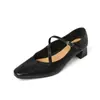 Zapatos Mary Jane para mujer con tacones gruesos y medianos, nuevo modelo de otoño e invierno, piel genuina por dentro y por fuera, punta cuadrada, zapatos de un solo color bajos y poco profundos para mujer
