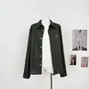 Camisa de lino con botones de concha real y bordado en verde militar, camisa casual holgada vintage estilo old money para mujer, color sólido de otoño con ligera elasticidad