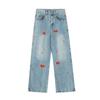 Jeans Reto Bordado Estilo Chinês para Mulheres Verão 2025 Novo Design Fino Emagrecedor Popular Calças Wide Leg