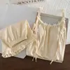 Pijama com Bojo para Mulheres, Novo Estilo de Verão com Shorts de Alça, Algodão Colorido Catiônico Estilo Fino, Conjunto Doce para Casa de Menina