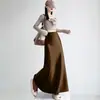 Falda satinada de sirena para mujer, otoño e invierno, forrada de polar, engrosada, de cintura alta, con efecto drapeado, que cubre la cadera, de longitud media