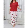 Conjunto de pijama longo com estampa de coração e decote V de manga curta, best-seller transfronteiriço europeu e americano para casa, pode ser usado fora como um suéter pijama