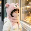 Sombrero de Invierno y Otoño para Niños Sombrero de Lana de Oso Sombrero de Algodón Tejido para Niñas Cálido Sombrero de Bebé Bufanda Conjunto de Dos Piezas