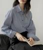 ¡alta calidad! Elegante Camisa de Hombro Rayada de Manga Larga para Viajeras, Nueva Camisa con Solapa para Primavera y Verano, Top Chic para Mujer