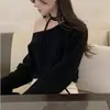 Suéter de Color Sólido de un Hombro Estilo Coreano para Mujer, Nuevo Top Corto Sexy de Hombro Caído Otoño e Invierno, Tejido Suelto y Relajado para Mujer