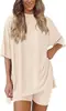 Conjunto de Camiseta de Manga Corta con Cuello Redondo y Shorts para Mujer de Verano, Holgado de Cintura Alta con Bolsillos, Ropa Casual para Estar en Casa, Amazon Transfronterizo