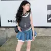 Moda Verão 2025 Feminina Novo Estilo Coreano Falso Duas Peças Colete Saia Tutu Jeans Duas Peças Fashion Tendência Meia-maré Infantil Tendência