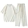 Traje de Moda Americano Duas Peças Gola Redonda Masculino Novo Primavera Casual Calça Longa Marca Tendência Transfronteiriça Manga de Cinco Pontos Branco