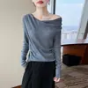 Camiseta base de malha suave estilo francês de um ombro só, suéter feminino ombro a ombro, blusa de gola alta longa, de manga comprida, modeladora e elegante