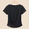 Camiseta Slim Lanjing TencelCamiseta Modal de Manga Curta para Mulheres, Novo Estilo 26 com Decote Diagonal Irregular e Bainha com Fenda Top