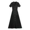 Sd Emagrecimento Novo Estilo 2026 Vestido Elegante Feminino Manga Longa Gola Polo Tricô Vazado Cintura Marcada Bodycon Saia Longa