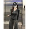 Top con Botones en el Hombro Derecho para Mujer en Primavera y Otoño Estilo Adelgazante Camiseta Interior Cuello Semi Abierto Estilo Sexy Camiseta Base