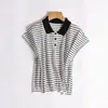 Suéter Tricot Listrado Respirável para Mulheres, Leve, com Gola Polo e Meio Zíper, Fio de Bambu e Linho 2/32S Ultra-Resfriamento