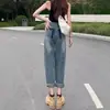 Figura em Pera Jeans Reto Retro Torre Feminino Início do Outono plus size garota cheinha Cobre o Quadril Cintura Alta Emagrecedor Calças Harem