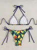Bikini retro nuevo transfronterizo con estampado de frutas, ribete de volantes, cuello halter y tiras de atar, un traje de baño de dos piezas para la playa
