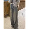 Jeans Largo Resistente com Tachas de Strass em Forma de Estrela para Mulheres, Moda Coreana Outono e Inverno, Jeans Reto Soltinho com Forro de Fleece