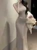 Estilo Puro y Sexy, Vestido Camiseta de Color Sólido para Mujer, Temporada de Otoño, Ceñido a la Cintura, Adelgazante, Bodycon Largo