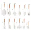 Juego de Utensilios de Cocina de Madera de Haya y Silicona Blanca Translúcida, Espátula Resistente al Calor de Grado Alimenticio, Cucharón para Sopa y Cuchara Ranurada para Cocina Casera