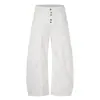Calça masculina de estilo retrô americano com prega de botões, design moderno de cor sólida, patchwork desconstruído, calça de perna larga e curva