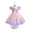 Vestido de princesa con lazo para niña, vestido de malla Rapunzel, vestido de La Bella Durmiente con mangas abullonadas