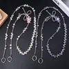 Lujoso y de Alta Gama Cadena Larga de Cordón Cruzado con Perlas de Cristal y Osito Full Diamante Cadena para Colgar en el Cuerpo Funda de Teléfono Bolso Colgante Universal para Mujeres