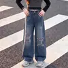 Jeans de Primavera y Otoño para Niñas 2026 Nueva Moda de Otoño para Niños Mayores, Elegantes Pantalones de Pierna Ancha Rectos Rasgados, Pantalones Modernos para Niños