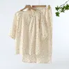 Roupa de casa feminina de crepe de algodão puro com estampa distribuída, manga curta e calça comprida para primavera e verão, pijama casual solto e confortável para casa